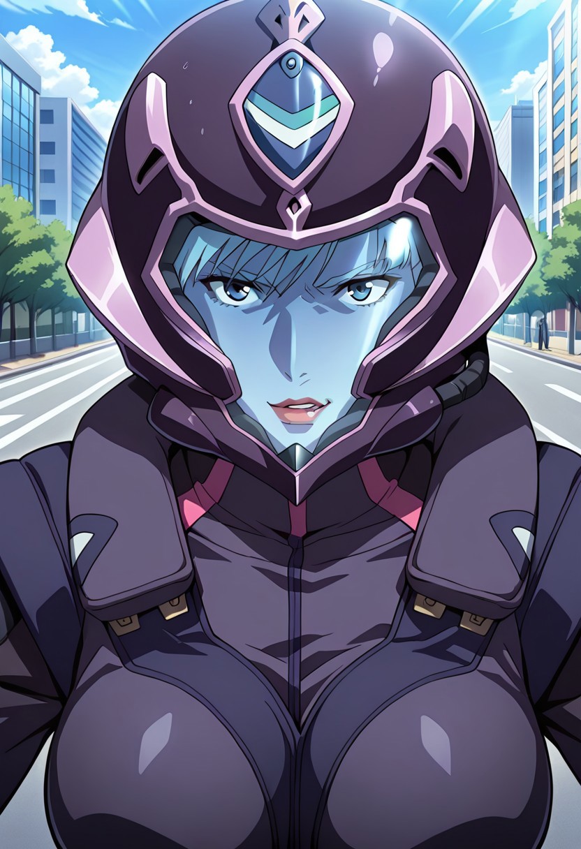 ((masterpiece, absurdres)), best quality, amazing quality, newest, 4k, anime coloring, very aesthetic, ray tracing, Smooth Quality, CG, nora polyansky, 1 mature female, blue color lens pilot helmet, , pilotsuit,upper body,city view, street view,mad expression