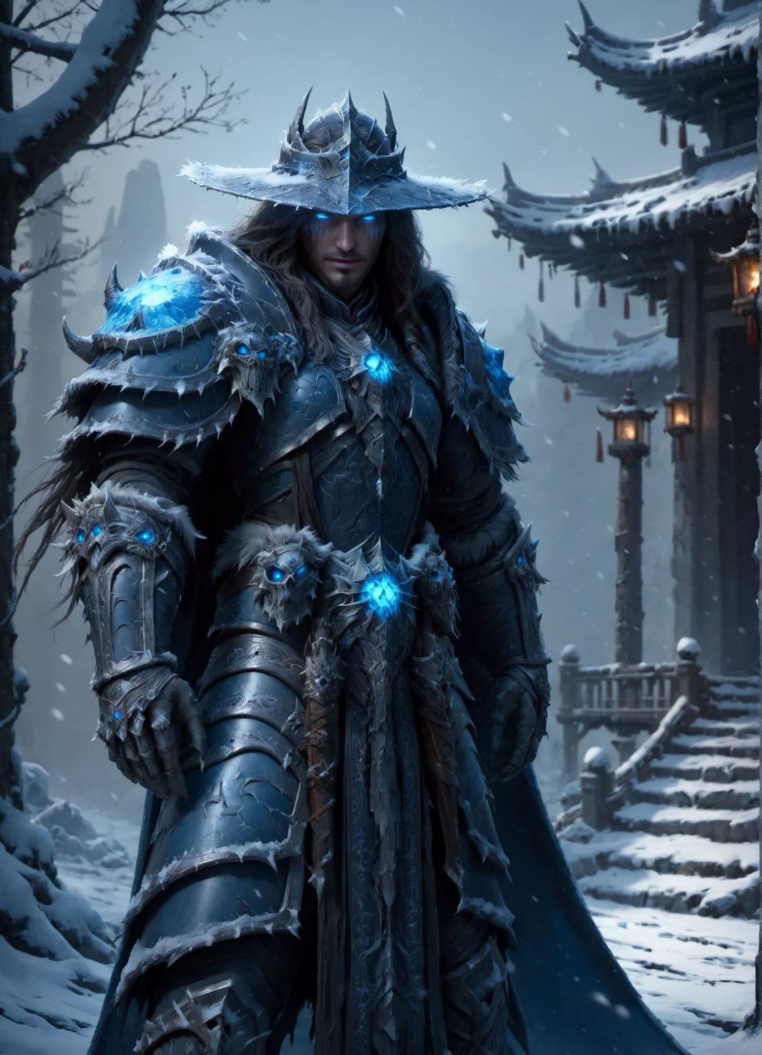 solo, half shot, detailed background, detailed face, (imperial chinese theme:1.1), explorer, exploring, determined, frayed leather clothes, rolled up sleeves, wide brim hat, holster, parchment scroll, dark cave background, spiderwebs, flickering flames, cinematic atmosphere,,The Forest of Mirrors: A place where reality is distorted and nothing is as it seems(hyperdetailed photography:1.3),Epic,awardwinning,masterpiece,beautiful detailed dress,dawn,blue glowing eyes,world of warcraft style,raytracing,octane render,sharp focus,35nm dof,bokeh,Trending on artstation,deathknight style,<lora:add-detail-xl:1>,deathknight style,snowing,<lora:deathknightsyleXL_v1-step00000400:0.8>
