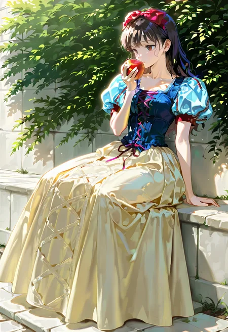 solo, 1girl, dress, puffy short sleeves, short sleeves, hair bow, long skirt, cross-laced clothes, holding fruit, apple, sitting,