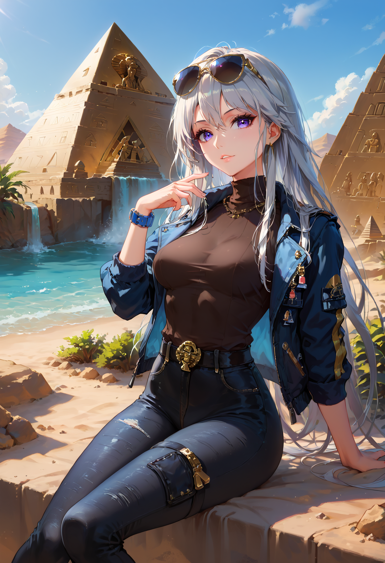 Expressiveh, c4rll4r, masterpiece, score_9, score_8_up, score_7_up, score_6_up, (neon glow, dreamlike, dreamart:1.1), perfect quality, highest quality, 8k, hyperrealistic, highest details, hdr, ultrasharp, cinematic, (perfect breasts:1.1), detailed hair, (stunning background:1.3), 1 female, (37 years old), nsfw, uncensored, epcd, aviator black sunglasses, brown sweater, denim, blue jacket, belt, wristwatch, black jeans, high heel boots, posing, elegant, sexy, seductive, tourist, (sightseeing:1.2), outdoors, (egypt, pyramids, desert, river:1.2)<lora:EnterprisePDcompleteV1 AL.safetensors:0.7000000000000001:0.7000000000000001> <lora:SDXLFaeTastic2400.safetensors:1.0:1.0> <lora:c4rll4rXLP.safetensors:0.3:0.3> <lora:incase_style_v3-1_ponyxl_ilff.safetensors:0.3:0.3> <lora:Expressive_H-000001.safetensors:0.4:0.4> <lora:sinfully_stylish_PONY_0.2.safetensors:0.2:0.2>