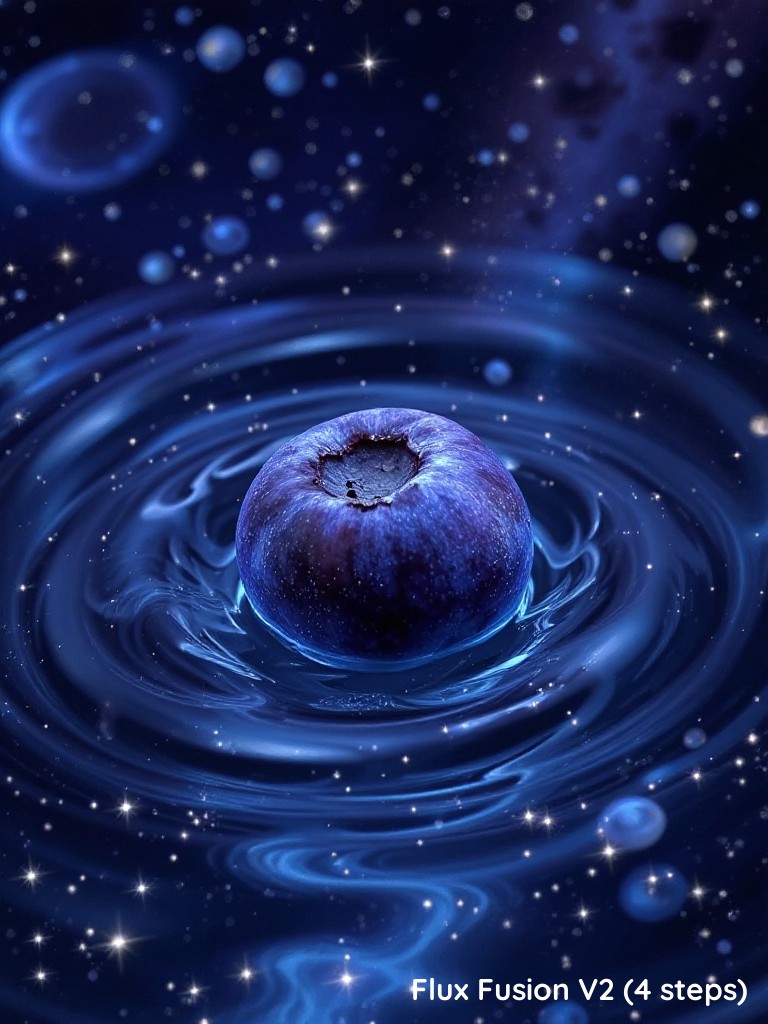 Surreal blueberry floating in a liquid galaxy, swirls of water forming constellations, droplets glowing like stars around the fruit. Deep blue and indigo background blending into cosmic hues, the berry’s surface glowing faintly with starlight, creating a sense of cosmic wonder, mixing natural and celestial elements in a dreamlike, space-inspired atmosphere.





