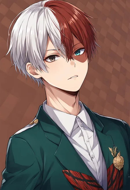 anime artwork, score_7, score_6_up, score_5_up, 1boy, male focus, solo, masterpiece, best quality, source_anime, detailed eyes, todoroki shoto, split-color hair, white hair, red hair, short hair, heterochromia, grey eyes, blue eyes, hair between eyes, school uniform,