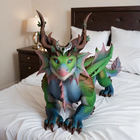 score_9, score_8_up, score_7_up, score_6_up, masterpiece, high quality, realistic, detailed, best quality, 1girl, solo, rating_safe, source_furry, bedroom, smiling, seductive, looking at viewer, lying on bed, lying on bed, full body, merithra_wc, dragon, green scales, wings, horns, tail, claws, female, 1girl, blue eyes, headpiece, pink tip snout, body fins, blue sclera, feral