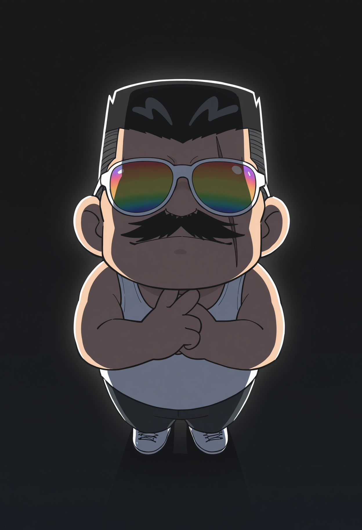 1boy, (chibi:1.85), white tank top, looking at viewer, dark background, (backlighting:1.5), v, hand up, own hands together, from above, sunglasses, full body,
BREAK
<lora:Kiyonaga_Matsumoto_from_Detective_Conan_v1.1:1> (plump:1.2),
kiyonagamatsumoto, mature male, black hair, no eyebrows, flattop, thick mustache, forked mustache, scar across eye,
no eyes, rainbow color sunglasses,
BREAK
very awa, masterpiece, best quality, absurdres, newest, perfect quality, detailed background, intricate details,