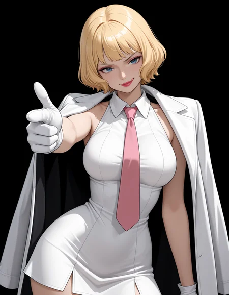 <lora:Stussy Noob:1>
1girl, solo,
5tussy, blonde hair, blue eyes, short hair, lipstick, makeup,
cp0outf1t, short dress, sleeveless dress, white dress, pink necktie, white gloves, white coat, jacket on shoulders,
standing, contrapposto, finger gun, smirk, looking at viewer, upper body, pointing at viewer,
head tilt, licking lips,, very awa, masterpiece, best quality, highres, absurdres, (simple background, black background:1.1),