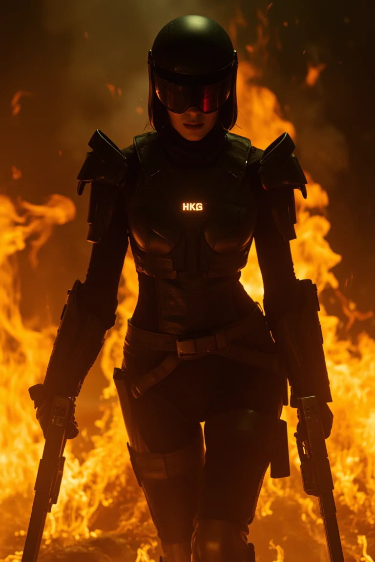 Midnight's Ember: A cinematic shot of a futuristic feminine knight emerging from a sea of flames in a dimly lit, cyberpunk environment. She rises like a phoenix, her bulletproof vest glistening in the faint light, as she wears a gun at her side and a helmet with covered eyes, the fiery backdrop casting an otherworldly glow on her determined face.