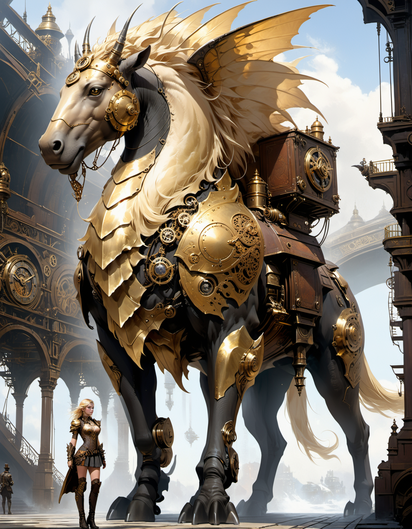 by stephan martiniere, 18 year old blonde female standing in front of a giant mythical animal, (golden mythical steampunk but beautiful:1.4), (intricate details, masterpiece, best quality:1.4) , 
 <lora:add-detail-xl:1> <lora:xl_more_art-full_v1:0.5>  <lora:niji:0.7>