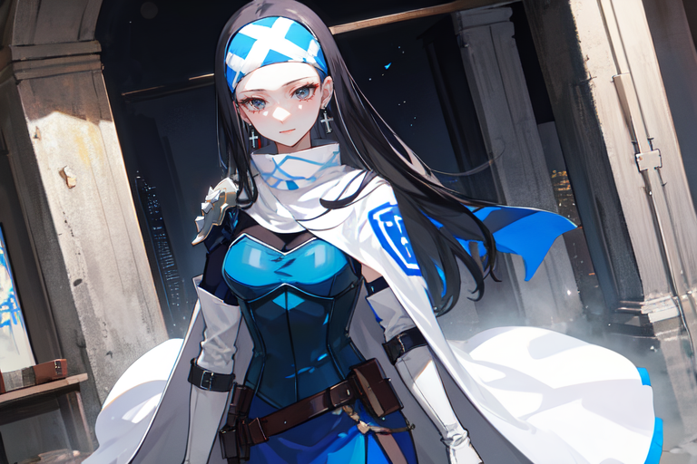 highly insanely detailed, masterpiece, top quality, best quality, highres, 4k, 8k, RAW photo, (very aesthetic, beautiful and aesthetic),  
beth_\(megami_tensei\),bethsmtii,shin megami tensei ii,long hair,black hair,straight hair,sleek black,jewelry,cross,headband,red_lipstick,Blue_dress,armored_corset,blue shirt,white cape,cape_with_messian_symbol,Religious_cape,messian_symbol_cape,holy_knight_cape,messian_cross_earrings,cross_earrings,religious_earrings,messian_symbol_jewelry,bandana_with_messian_symbol,Religious_bandana,symbol_headband,messian_church_bandana,Tokyo_Millennium,post-apocalyptic_city,dystopian_world,Private_mansion,guarded_residence,elite_dwelling,Valhalla,gladiator_tournaments,Great_Cataclysm,World_ending_event,apocalyptic_disaster,city_rebirt, 
<lora:zs_Beth:0.5>, 
(1girl:1.3), 1other, 
at dawn,a colorful background,(abstract colored fractal background,abstract colored background),âââ