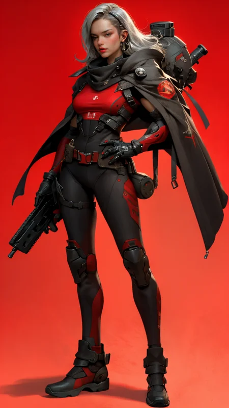 absurdres,(22 -year -old woman),perfect woman body,BREAK (grey cybersuit:1.1),android,(black upper armor),mechanical arms,machinery,prosthesis,solo,(silver hair),(long hair),cloak,BREAK hand on hip,contrapposto,(red background:1.5),<lora:nijiarmor_anime_v2:0.6>,<lora:gunsLoHatry3:0.5>,<lora:NijiExpressV2:0.4>,holding a assault gun,