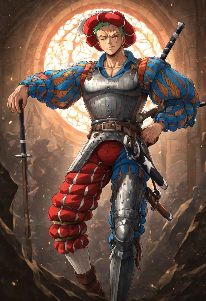 masterpiece, best quality, newest, absurdres, highres, anime, anime style,
LKAV1.0, landsknecht, armor, belt, breastplate, chaperon hat, faulds, asymmetrical legwear, asymmetrical armor, puffy sleeves, puffy pants,
1boy, Zoro \(one piece\), green hair, one closed eye, one eye open, scar over eye,