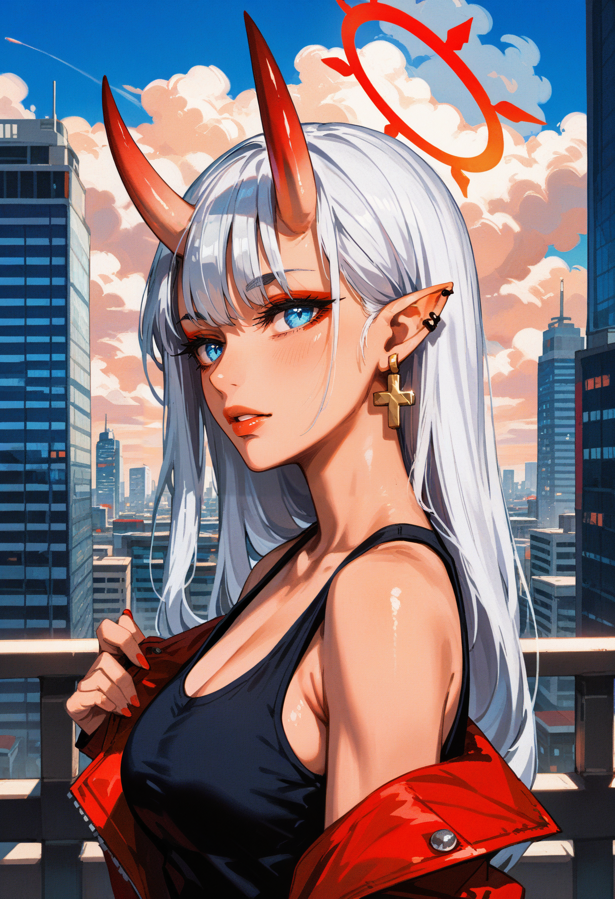 score_9, score_8_up, score_7_up score_9, score_8_up, score_7_up, score_6_up, score_5_up, score_4_up,
<lora:GrungeV12:0.8> grung3,
1girl, solo, long hair, breasts, looking at viewer, blue eyes, shirt, jewelry, bare shoulders, medium breasts, jacket, upper body, white hair, outdoors, earrings, parted lips, horns, sky, sleeveless, pointy ears, day, cloud, off shoulder, halo, from side, blue sky, looking to the side, sleeveless shirt, makeup, piercing, blue shirt, tank top, cloudy sky, ear piercing, building, oni, city, railing, cityscape, black tank top, cross earrings, skyscraper