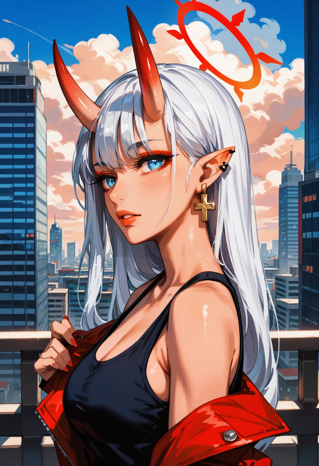 score_9, score_8_up, score_7_up score_9, score_8_up, score_7_up, score_6_up, score_5_up, score_4_up,
<lora:GrungeV12:0.8> grung3,
1girl, solo, long hair, breasts, looking at viewer, blue eyes, shirt, jewelry, bare shoulders, medium breasts, jacket, upper body, white hair, outdoors, earrings, parted lips, horns, sky, sleeveless, pointy ears, day, cloud, off shoulder, halo, from side, blue sky, looking to the side, sleeveless shirt, makeup, piercing, blue shirt, tank top, cloudy sky, ear piercing, building, oni, city, railing, cityscape, black tank top, cross earrings, skyscraper