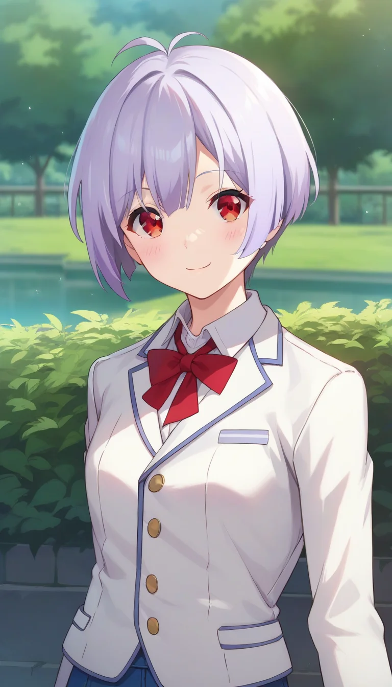 score_9,score_8_up,score_7_up,score_6_up BREAK official art,solo,outdoors,upper body,(portrait:1.5),looking at viewer,facing viewer,smile,blush,Irina Ilyukhina,antenna hair,short hair,light purple hair,hair between eyes,parted bangs,red eyes,school uniform,white jacket,wing collar,blazer,red necktie,white shirt,collared shirt,long sleeves,small breasts,denim shorts,short shorts,white socks,loafers,brown footwear,<lora:Irina Ilyukhina(rf)-Pony:1.4>,