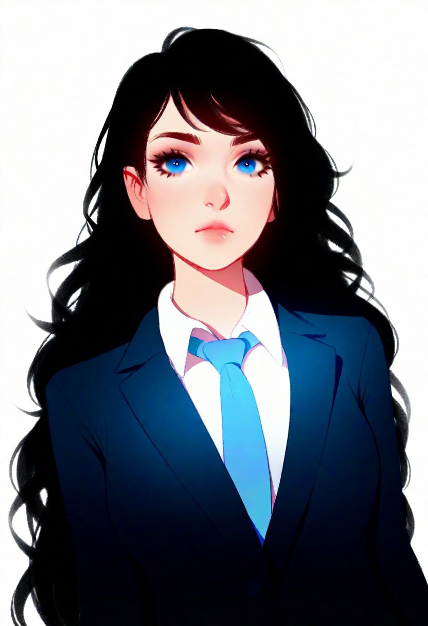 Tsuaii, flat colors, realistic proportions, masterpiece, best quality, Good quality, very aesthetic, absurdres, newest, 1girl, upper body, dutch angle, white background,
blue eyes, closed mouth, eyelashes,
black hair, very long hair, wavy hair, white background, white shirt, suit jacket,
blue tie,
dutch angle,