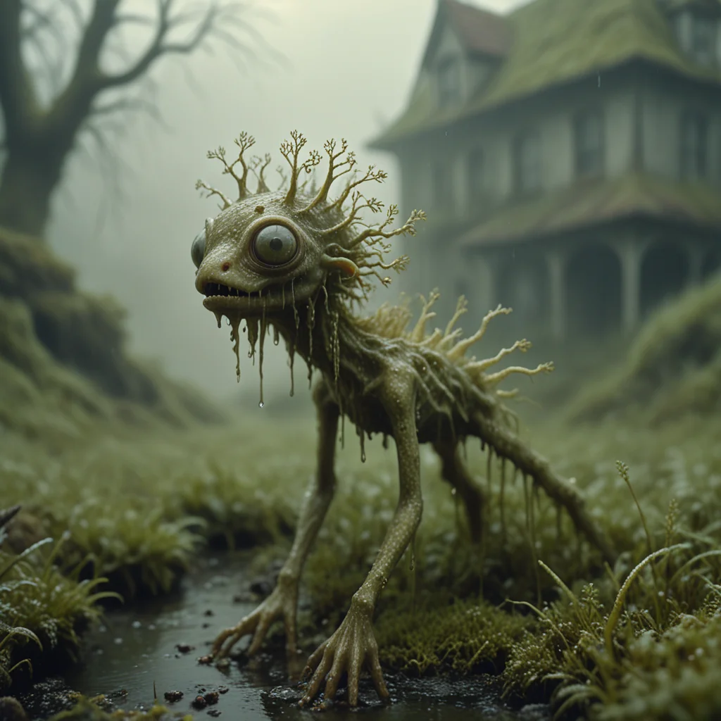 gold PXDlichenmutant, wet, scary, hiding in grass, amazing nature, natural lighting, analog photo, detailed 4k, gothic creature, moss, stream, water, intricate image details, dripping water, haze, fog, low angle, impressive,