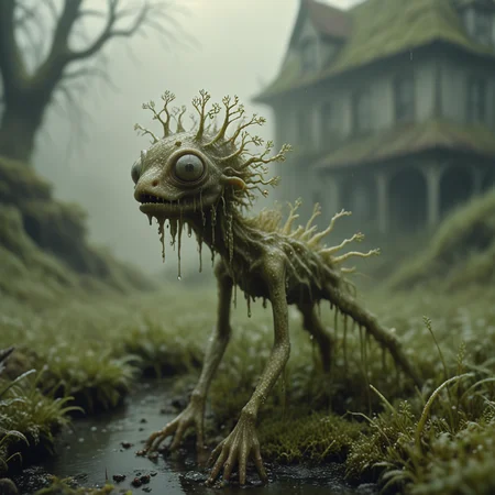 gold PXDlichenmutant, wet, scary, hiding in grass, amazing nature, natural lighting, analog photo, detailed 4k, gothic creature, moss, stream, water, intricate image details, dripping water, haze, fog, low angle, impressive,