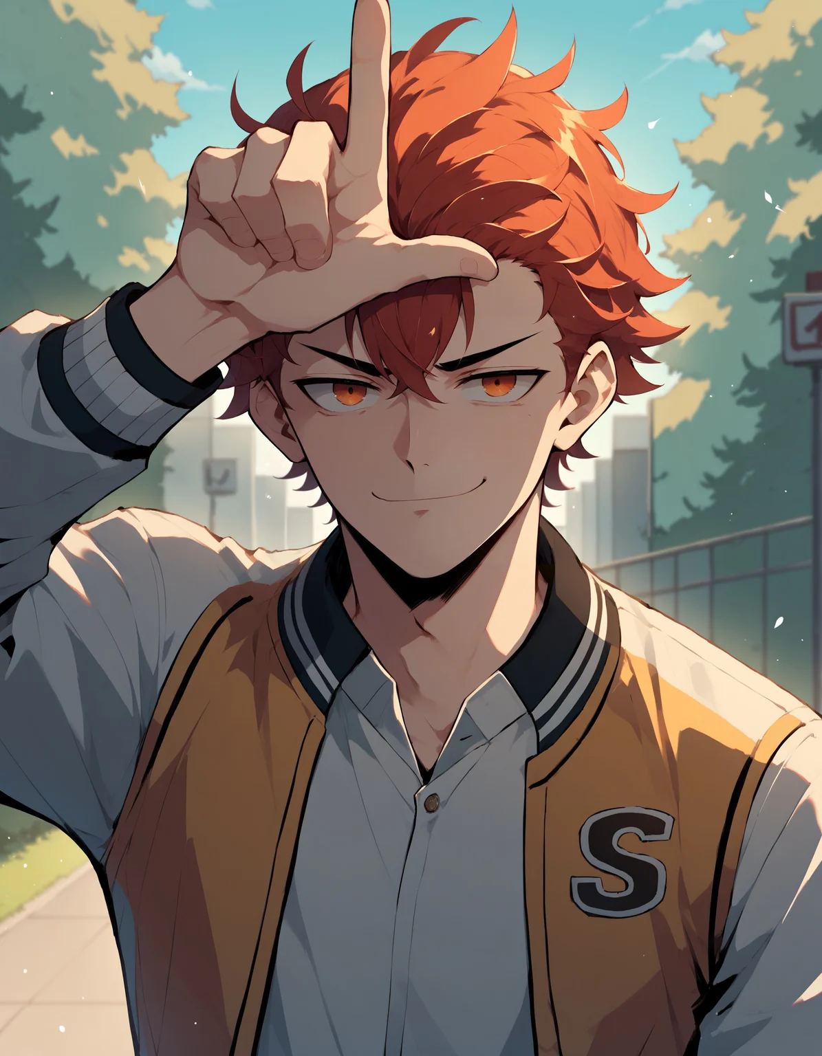 loser gesture, hand on forehead, , index finger raised, score_9, score_8_up, score_7_up, solo, 1boy, smug, medium hair, bangs, red hair, orange eyes, <lora:LoserGesturePonyXL:1.2>, college campus, outside, varsity jacket