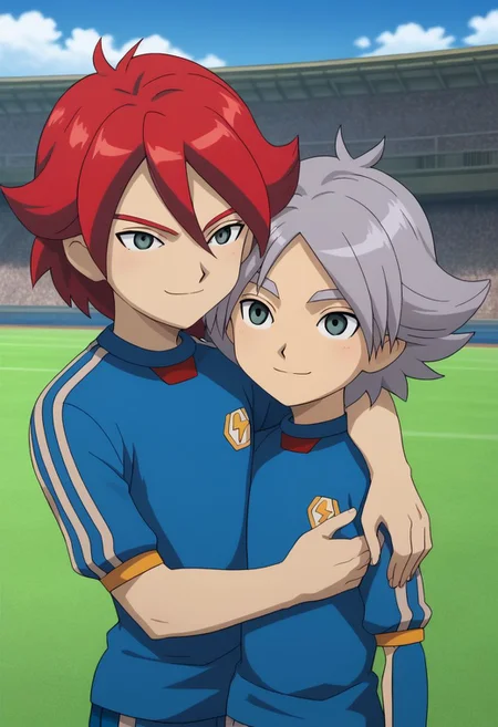score_9, score_8_up, score_7_up, source_anime, highly detailed, skinny, slender, 2boys,
hiroto2, 1boy, soccer uniform, sportswear, red hair, upper body, tracksuit, smile, BREAK
fubuki2, 1boy, soccer uniform, sportswear, smile, raimon soccer uniform, raimon, grey hair,
standing, hug, outdoor,