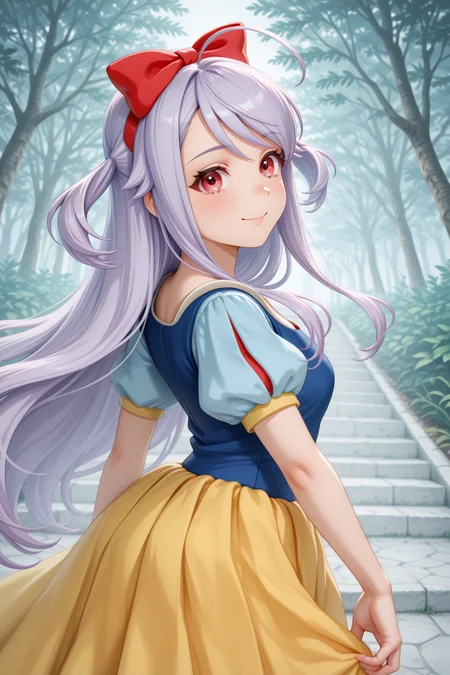 masterpiece, best quality, amazing quality, 1girl, solo, makeup, perspective, general, looking at viewer, cowboy shot, smile, blush, dynamic angle, from side, stage, acting as princess role, <lora:Niizuma_Yae_SIRIUS:1>, Niizuma_Yae_SIRIUS, long hair, red eyes, hair bow, red ribbon, purple hair, two side up, ahoge, sidelocks, swept bangs, <lora:snow-white-cosplay-illustriousxl-lora-nochekaiser:1.1>, snow white cosplay, snow white(disney), (cosplay), cosplay, dress, hair bow, puff and slash sleeves, puffy short sleeves, puffy sleeves, red bow, short sleeves, skirt, yellow skirt, <lora:wai-2Rectified-V140:1>, <lora:illustrious_noobai_epsilon_pred_1_masterpieces_v1:1>