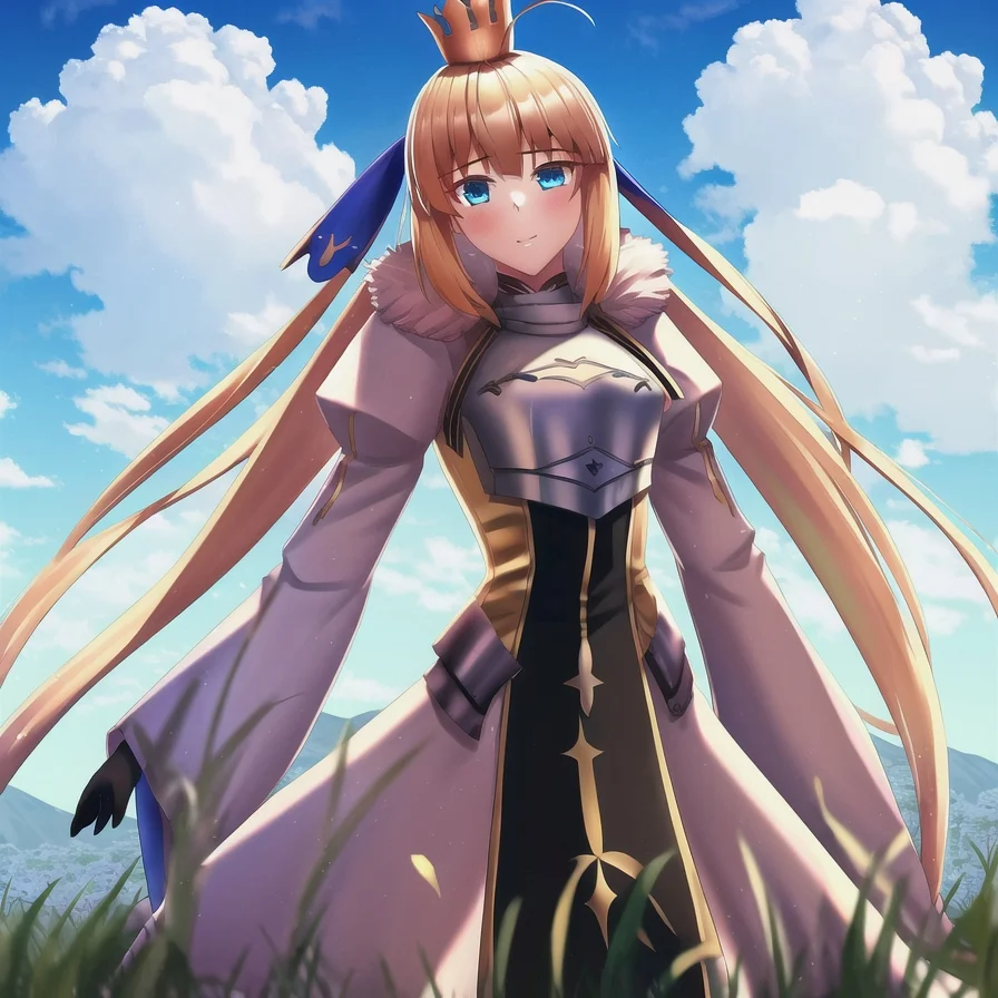 <lora:castoriaV4:0.88>, 1girl, solo, ahoge, blonde_hair, blue_ribbon, long_hair, hair flowing over, looking_at_viewer, ribbon, gold trim, standing, (genshin impact:0.85), (utawarerumono:0.85), (rwby:0.85), wallpaper, hdr, high definition, masterpiece, best quality, highly detailed, intricate, sky, cloud, grass, flower field, mountain, outdoors, face, breastplate, yellow eyes, crown, castoria, fur, fur trim, fur collar