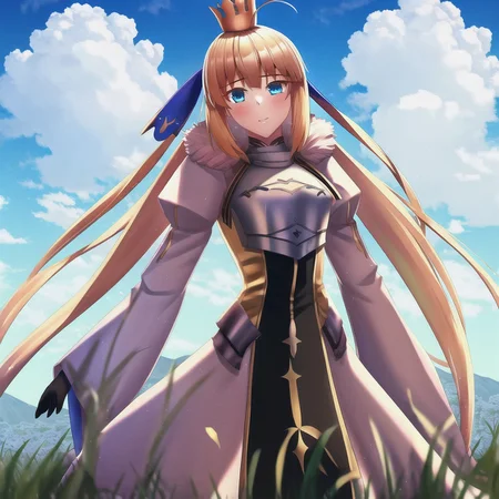 <lora:castoriaV4:0.88>, 1girl, solo, ahoge, blonde_hair, blue_ribbon, long_hair, hair flowing over, looking_at_viewer, ribbon, gold trim, standing, (genshin impact:0.85), (utawarerumono:0.85), (rwby:0.85), wallpaper, hdr, high definition, masterpiece, best quality, highly detailed, intricate, sky, cloud, grass, flower field, mountain, outdoors, face, breastplate, yellow eyes, crown, castoria, fur, fur trim, fur collar