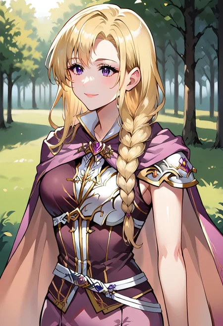 1girl, solo, alone, score_9, score_8_up, score_7_up, masterpiece, high quality, source_anime, very detailed, 
LosFE, blonde hair, long hair, single braid, purple eyes, purple sleeveless shirt, chest guard, two-tone cape, white belt, pink skirt, hair over shoulder, gold trim, 
closeup, portrait, beautiful face, smile, happy, 
forest, field, clearing,