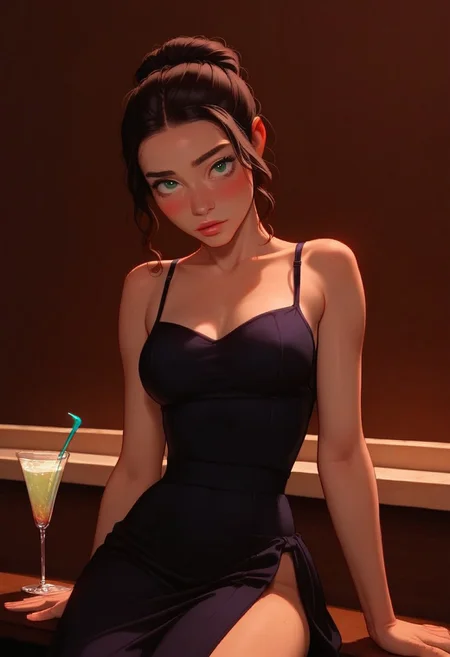 score_9, score_8_up, score_8_up, source_cartoon, solo_focus, stunningly beautiful girl, perfect face, cute, delicate features, skinny, elegant, makeup, semirealistic, pinup pose, stunningly beautiful green eyes, dark brown hair, princess braid, up bun, detailed irises, perfect eyes, female, 1girl, blush, lounge, jazz club, bar, nice black dress, slender, slender face, 21 years old, petite, at night time, cowboy shot, 3/4 view, sitting at bar, holding martini