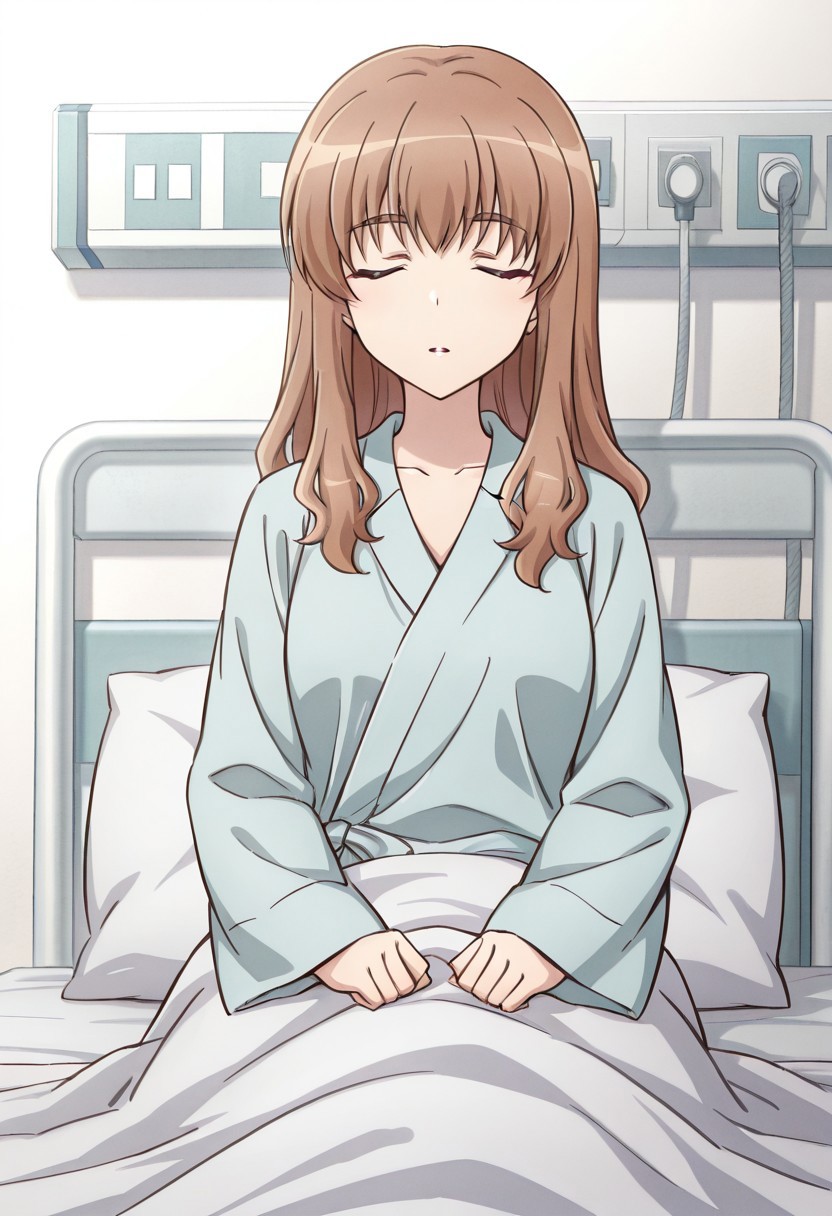 masterpiece, best quality, 32k, high resolution, absurdres, miyata yuuki, hospital gown, on bed, collarbone, closed eyes, blanket, bed sheet, bed, parted lips, ^_^