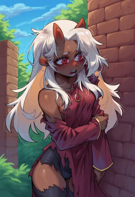 score_9, score_8_up, score_7_up, score_6_up, score_5_up, score_4_up, BREAK
1girl, torn clothes, solo, white hair, red eyes, horns, long hair, dark skin, dark-skinned female, breasts, open mouth, outdoors, dress, red dress, blush, messy hair, long sleeves, demon girl, small breasts, demon horns, day, sky
 <lora:lord_moku:1>