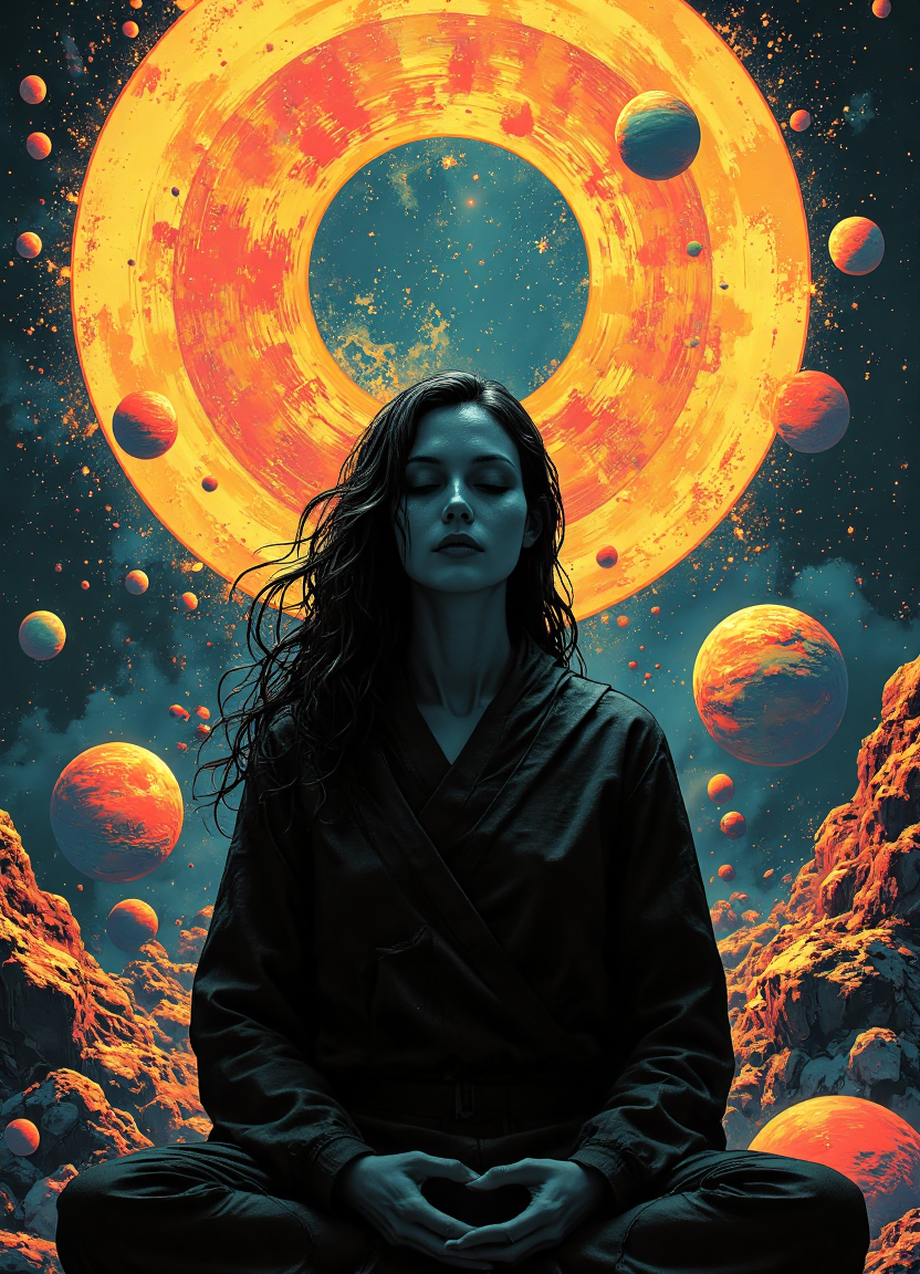 <lora:flux\aidmaMJ6.1-FLUX-v0.4:0.5>aidmaMJ6.1 DSLR RAW photo Astral Monk woman, meditating among planets, cosmic energy flowing, serene expression, Silhouette overlays with contrasting backgrounds, pop art style,
