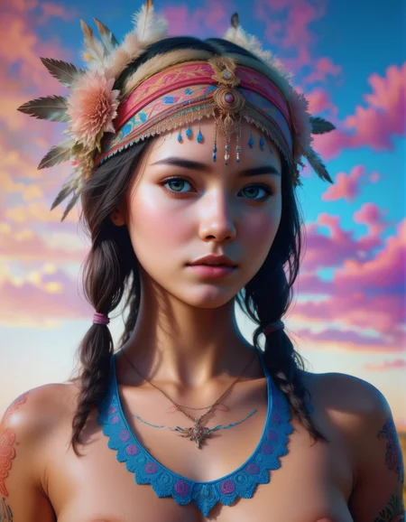 [I Pony:] score_9, score_8_up, score_7_up, score_6_up, score_5_up, score_4_up  Portrait of a cute (native american) woman standing in a powerful pose in a distinctive nature, wyoming landscape, (covered head to toe in colorful:1.10 body paint in patterns evocative of native styles), nude:1.20, inverted triangle face shape, (daintly young woman:1.30), rosy skin, tiny realistic nipples, small areolas, looking down sideways, head tilt, prominent cheekbones, cheeky smile:1.40, glossy skin:1.40, shiny oiled skin:1.40, goosebumps, beautiful eyes --------------------------------------------------------------------- [II SDXL:] Masterpiece:1.20, best quality:1.20, highly detailed raw photo, volumetric lighting, vivid colors, strong darks, accentuated human contours, highly detailed woman, authentic human skin texture, Large format photo, photo taken with a Hasselblad X2D 100C, photo in the style of Marc Lagrange, high gloss photo,(close shot), (analog photography), sharp focus on woman,  Portrait of a cute (native american) woman in a powerful pose in a distinctive nature, wyoming landscape, (covered head to toe in colorful:1.10 body paint in patterns evocative of native styles), nude:1.20, inverted triangle face shape, (daintly young woman:1.30), rosy skin, tiny realistic nipples, small areolas, looking down sideways, head tilt, prominent cheekbones, cheeky smile:1.40, glossy skin:1.40, shiny oiled skin:1.40, goosebumps, beautiful eyes