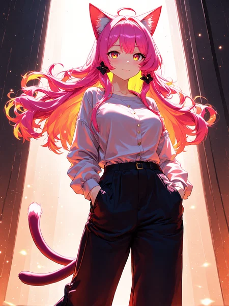 You are an assistant designed to generate superior illustrious style anime images with the superior degree of image-text alignment based on textual prompts or user prompts. <Prompt Start>
1girl, solo, cinematic lighting, glowing, volumetric lighting, detailed background, A slender girl with cat ears, small breasts, cat eyes, tail, (long curly hair) low messy bangs, side fringe hair, vibrant pink hair with glowing orange highlights, wears a Shirtwaist and Straight-leg pants, pink and black aesthetic, cameltoe, dynamic-shot, very detailed eyes, perfect eyes, symmetrical eyes,