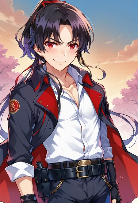 <lora:Misaki-Kurehito-Style-PonyXL:1>, score_9, score_7_up, source_anime, solo, BREAK, smug smile, 1boy, red eyes, tsurime, black hair, parted bangs, hair intakes, ponytail, short hair with long locks, very long bangs, jacket on shoulders, black coat, dress shirt, sleeves rolled up, fingerless gloves, pants, belt, multiple belts, combat boots, shoulder holster, chest belt,