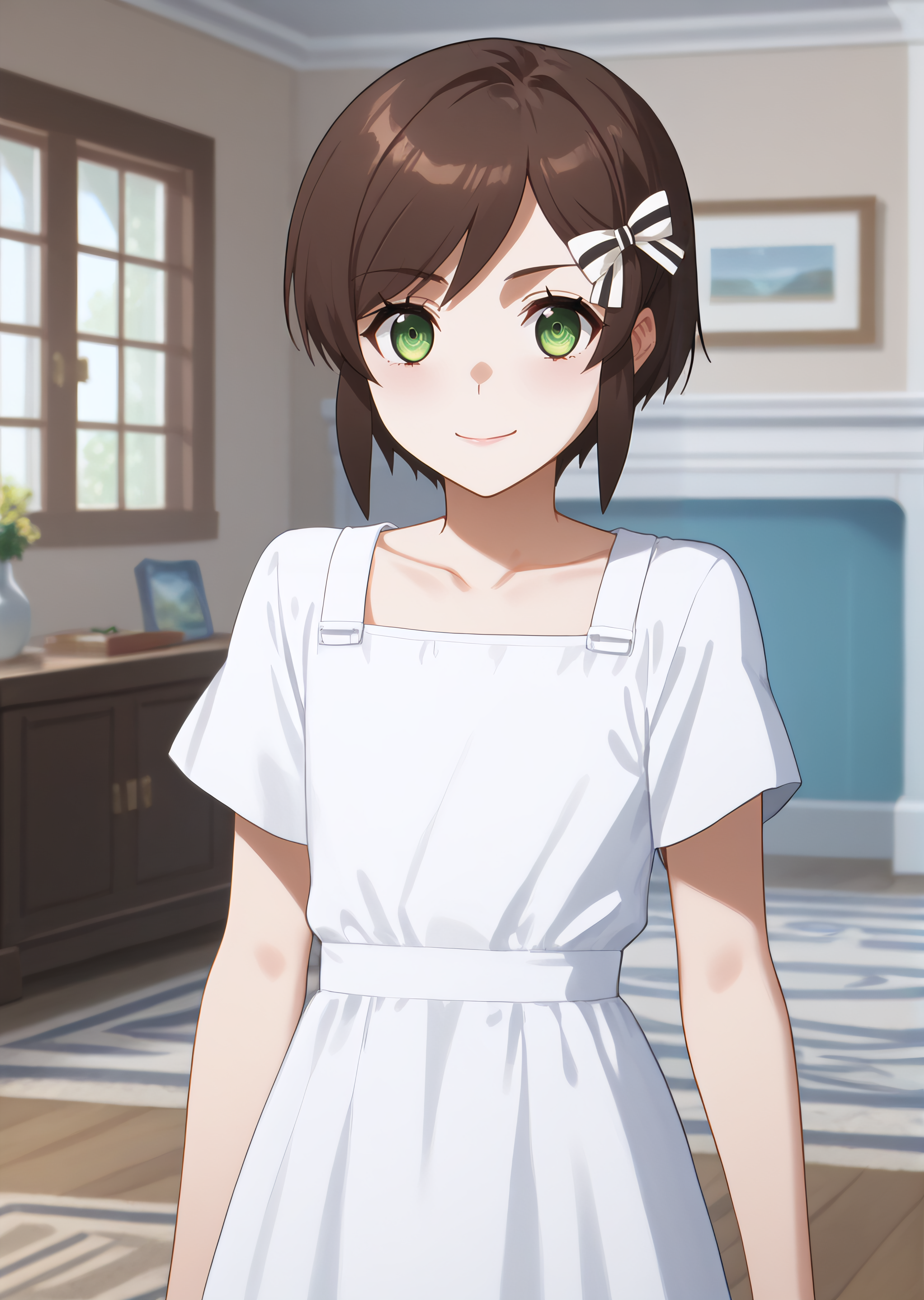 score_9, score_8_up, score_7_up, score_6_up,  rating_explicit, source_anime, cinematic shadow, cinematic light, cute and sensitive, soft skin,  characters focus, detailed eyes, detailed skins,   <lora:StS_age_slider_v1_initial_release:-1>, <lora:StS_detail_slider_v1:3> , <lora:Saegusa_Kasumi:1> kasumi,bangs, brown hair,short hair with long locks, hair bow, green eyes,cowboy shot, smile, 1girl, white dress,