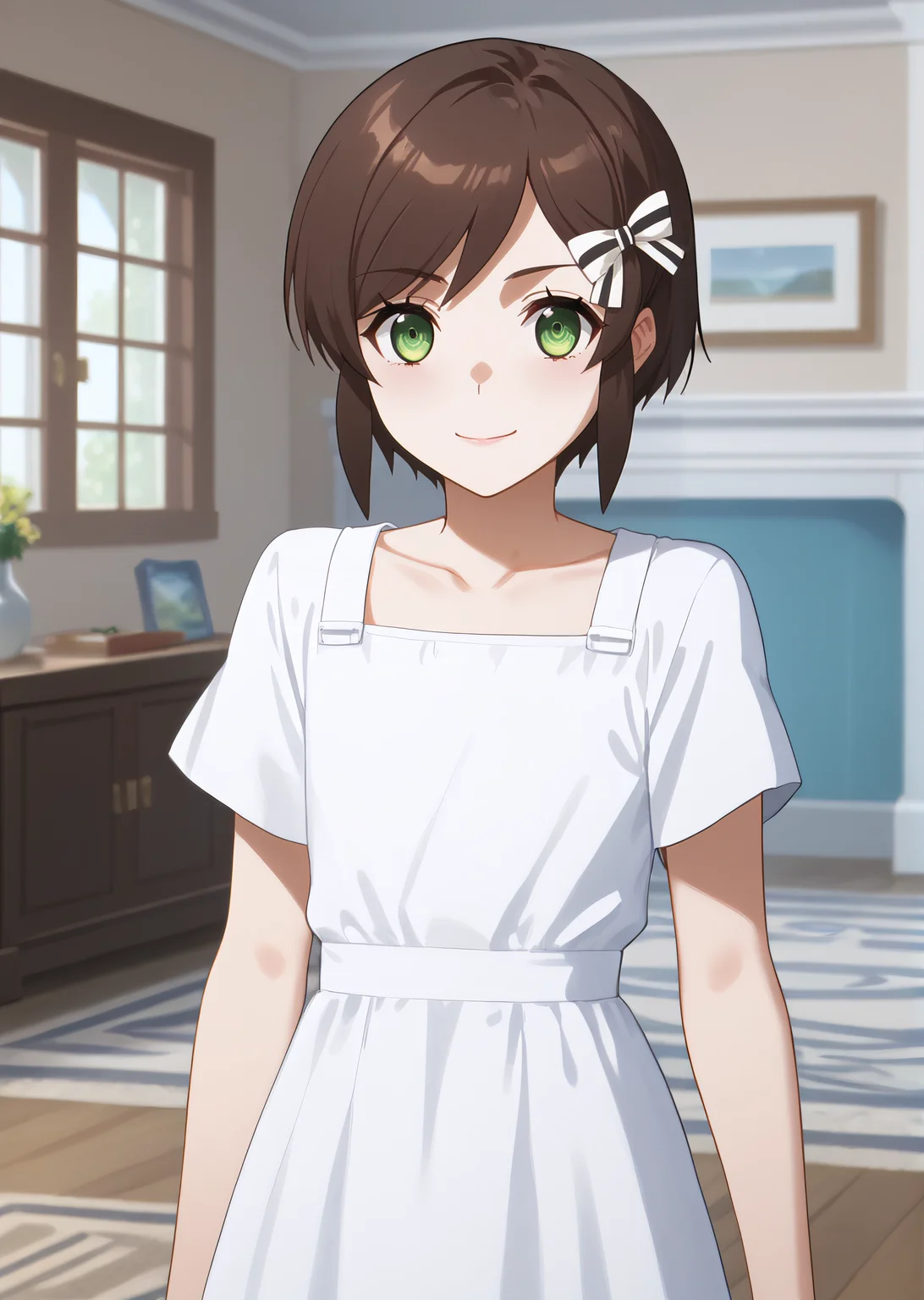 score_9, score_8_up, score_7_up, score_6_up, rating_explicit, source_anime, cinematic shadow, cinematic light, cute and sensitive, soft skin, characters focus, detailed eyes, detailed skins, <lora:StS_age_slider_v1_initial_release:-1>, <lora:StS_detail_slider_v1:3> , <lora:Saegusa_Kasumi:1> kasumi,bangs, brown hair,short hair with long locks, hair bow, green eyes,cowboy shot, smile, 1girl, white dress,