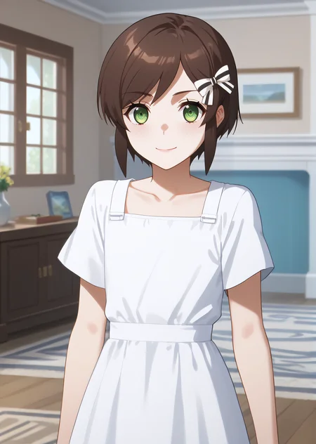 score_9, score_8_up, score_7_up, score_6_up, rating_explicit, source_anime, cinematic shadow, cinematic light, cute and sensitive, soft skin, characters focus, detailed eyes, detailed skins, <lora:StS_age_slider_v1_initial_release:-1>, <lora:StS_detail_slider_v1:3> , <lora:Saegusa_Kasumi:1> kasumi,bangs, brown hair,short hair with long locks, hair bow, green eyes,cowboy shot, smile, 1girl, white dress,
