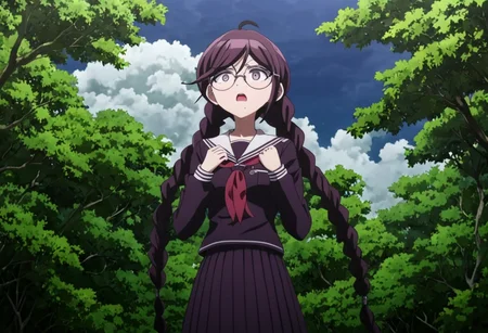 (((solo))), masterpiece, best quality, very aesthetic, modern, modern anime, anime style, newest, absurdres, highres, wide shot , nervous expression , <lora:Toko_Fukawa_SDXL:1>, This anime screencap is from Danganronpa the Animation. Toko Fukawa has a confused expression . Toko Fukawa is enacting a shrugging amid A view from underneath a dense canopy of trees looks up towards a cloudy sky. The person stands amid it all. The trees are dark, thick and almost completely obscuring the view but a sliver of the sky can be seen through the top. The sky is lightly overcast with fluffy white clouds which are tinged with a faint pink at the edges. The lighting is very soft, like it's a bit overcast on a warm summer day. A few tree branches can be seem silhouetted against the sky. In the foreground, closer to the camera, the thick blanket of dark tree branches creates a canopy over the sky and the view is almost completely blocked out. Toko Fukawa wearing her uniform from Danganronpa 1. She has long dark purple hair in two braids, gray eyes and large round glasses. Her large, dark grey glasses are slightly crooked at an angle. Her uniform is a dark purple Japanese school uniform. The uniform has long sleeves, a collared shirt with a red ribbon and a long skirt with the school crest on the upper left sleeve. A red ribbon is tied around the collar of her shirt.