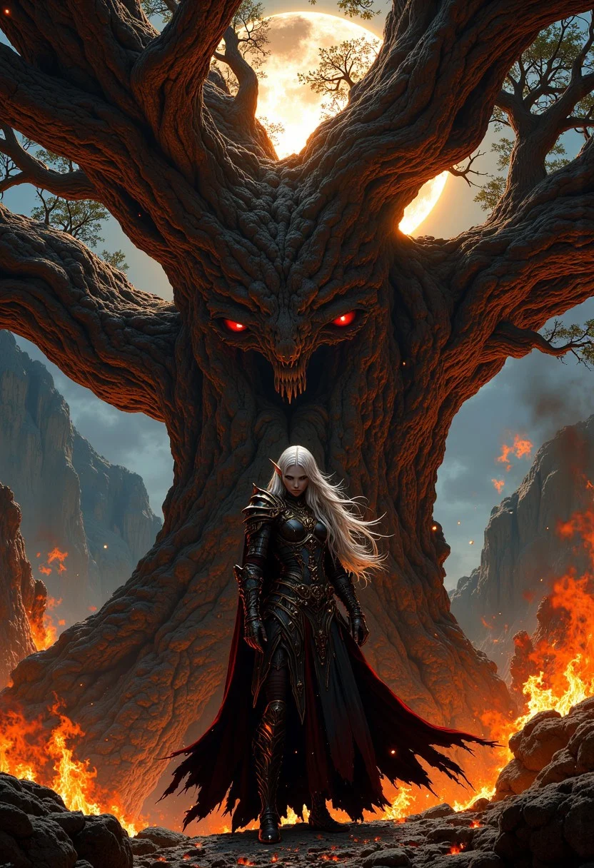 solo, an epic and stunning scene in an acient elf city. The layout is vertical, with a central focus on a slim and agile elf warrior with silver hair, wearing leather armour covered with living shadows and pulsating darkness. Elven maid is standing in front of giant burning scorched tree. The elf's skin is gray, and her expression is menacing, she is looking at viewer with glowing red eyes. The background features dying ambers in the air and eclipsed moon. The tree is blazing with raging fires, lighting is bright, casting shadows and highlighting dramatic and epic atmosphere. The overall color palette is muted with dark and shadowy tones contrasting creating a striking contrast with burning fire. The scene conveys a sense of grim and tragic event.<lora:FluxMythP0rtr4itStyle:0.6> <lora:flux.1_lora_flyway_Epic-Characters_v1:0.6> <lora:Elden_Ring_-_Yoshitaka_Amano:0.33>