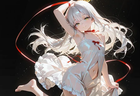 lazypos, girl focus, 1girl, solo, long hair, yellow eyes, ribbon, navel, barefoot, looking at viewer, white hair, smile, red ribbon, dress, arm up, black background, closed mouth, white dress, holding, bare shoulders, ovstyle
