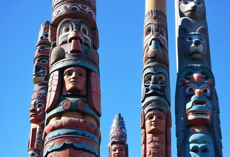 a photograph from the ground, pointing up of  beautifully decorated, intricately carved, beautifully painted, wooden totem poles, native American art, with various totem animals, hares, bears, eagles, and wolves and, stands on a beautiful natural background with land, water, sky and nature present, a realistic, breathtaking tall, wooden totem, nature, natural, absurdres, breathtaking, OverallDetailX, pop Tlingit totem pole, Archi Sculpture Photography