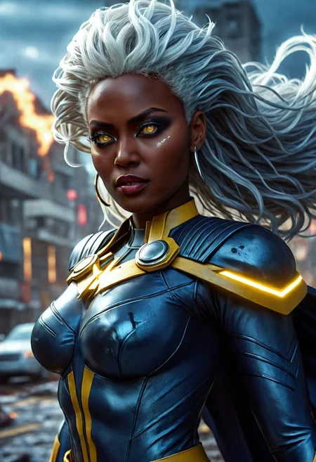UltUltra detailed digital art masterpiece, Hyperdetailed, hyperrealism, extremely high resolution of Beautiful black Superheroine Ororo Munroe as Storm, Greg Rutkowski style, stands in a bloody, sinister battle in the streets of a ruined city, Realistic black eyes, wavy grey hair, Intricately designed blue and yellow X-Men Superheroine combat costume with X logo, Marvel, X-Men, 8K, deep color, Cinematic Lighting, intricate smooth, sharp focus digital painting, Artgerm, WLOP, Greg Rutkowski, Beautiful 21 years old Ororo Munroe as Storm, Intricately Designed handsome black face, Marvel comics, Realistic combat dirty clothing, perfect whole athletic body, defiant and seductive, Photograph Taken on Nikon D750, Intricate Elegant, Digital Illustration, Scenic, Unreal Engine, CryEngine, Octane Render, 8k, Designed combat clothes, Attractive, Attractive black woman, dramatic lighting, wet and sweaty skin, beautiful firm Breasts, Daylight, Concept art by Greg Rutkowski, adding to the intense and dynamic atmosphere of the scene