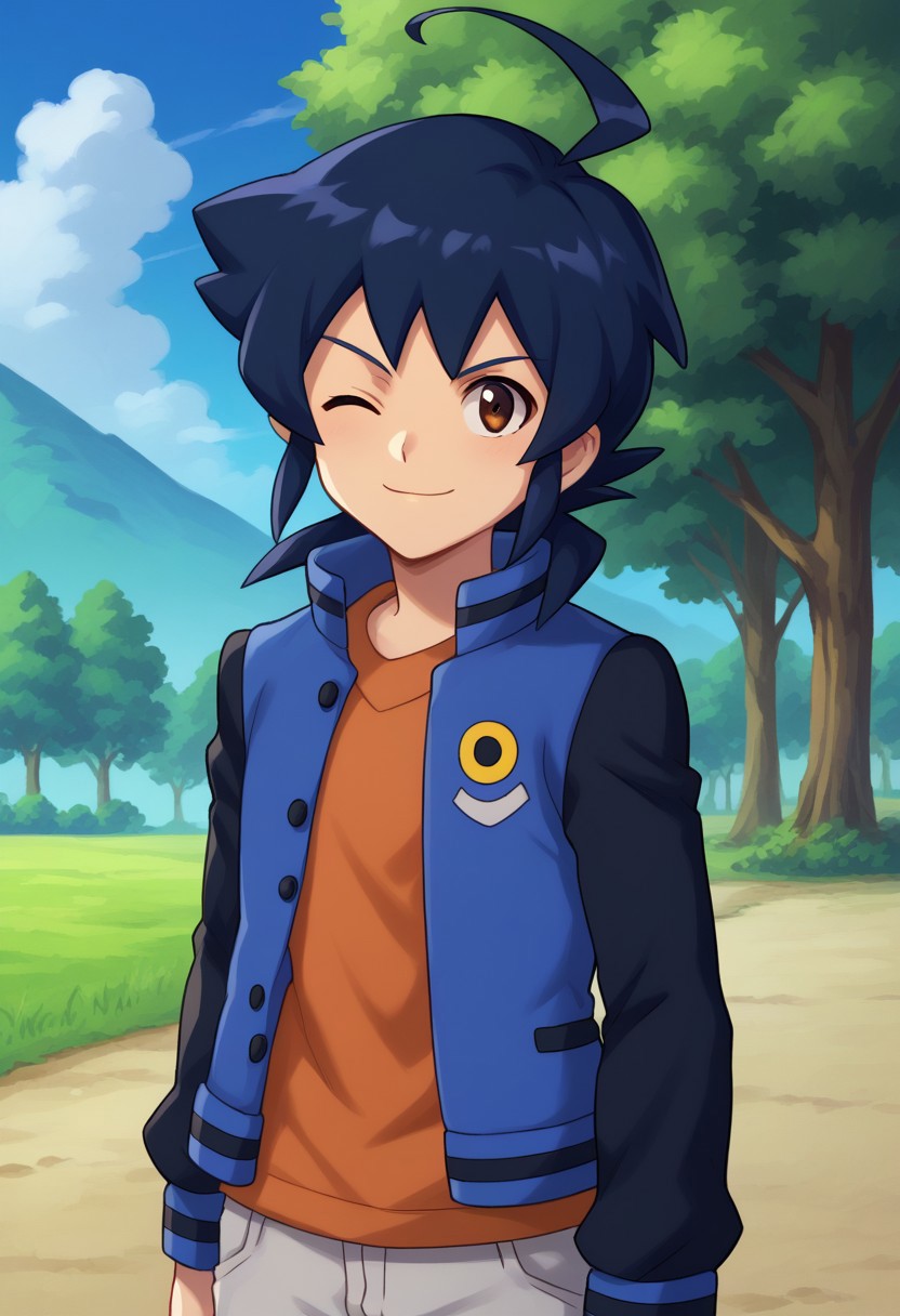 score_9, score_8_up, score_7_up, source_anime, highly detailed,
oozora, 
1boy, male focus, brown eyes, solo, jacket, ahoge, orange shirt, blue hair, open clothes, open jacket, grey pants,  upper body, blue hair, blue jacket, pants, smile, v, one eye closed,
outdoor, sky, tree,