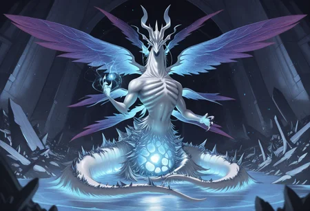 <lora:Seath_the_Scaleless_Dark_souls_-_PonyIllustrious_r2:1>masterpiece, amazing quality, best quality, 1boy, solo, dragon, albino, humanoid torso, white skin, eyeless, frills, blue-violet wings, multiple wings, ribcage, tentacles, gaunt, unique design, elegant, tail, claws, mythical creature, casting magic, looking at viewer
