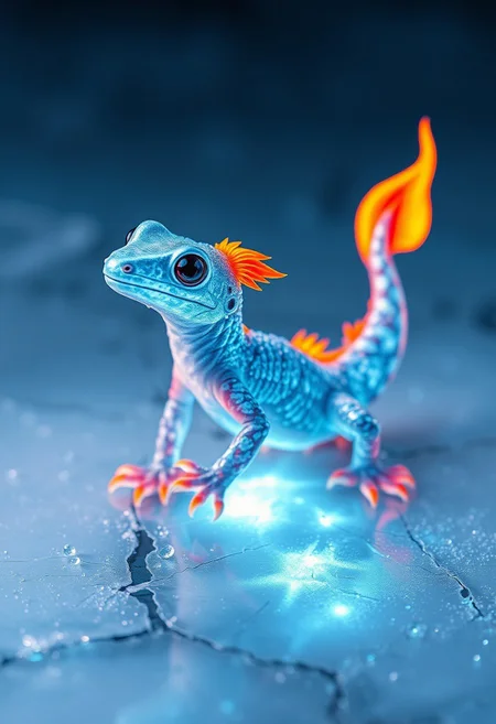 An adorable, hyper-stylistic ice salamander stands on a sheet of cracked ice, its body a mesmerizing fusion of frosty blue ice and vibrant, flaming color. The salamander's body is rendered in exquisite detail, with delicate, crystalline structures that seem to shimmer and glow in the light. The tip of its tail, a vibrant, blazing flame that seems to pulse with an inner fire, adds a touch of dramatic contrast to the scene. The cracked ice beneath the salamander's feet glows with a soft, ethereal blue light, as if the very essence of the frozen landscape has been distilled into this tiny, shimmering pool. Every detail of the scene is meticulously rendered, from the delicate, frosty patterns on the salamander's body to the tiny, glowing cracks in the ice. The overall effect is one of breathtaking, wintry wonder, as if this tiny, adorable creature has brought a spark of life to the frozen landscape. highest-Quality, intricate details, visually stunning, Masterpiece