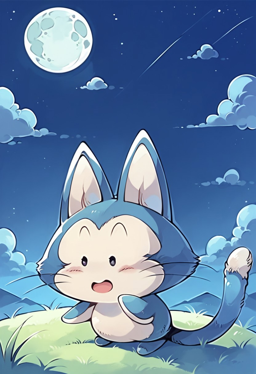 score_9, score_8_up, score_7_up source_anime, 1girl, solo, Puar_(DB), feral, cat, small body, two-tone fur, blue-cream fur, bunny ears, no sclera, black eyes, feline whiskers, cream tail tip, grass, night, moon, (creativity:1.4),