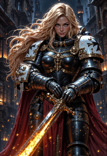 blonde female knight, wearing BlackT40k power armor, and holding a flaming sword  <lora:FluxBlackT40k:1> <lora:FluxMythP0rtr4itStyle:0.7>