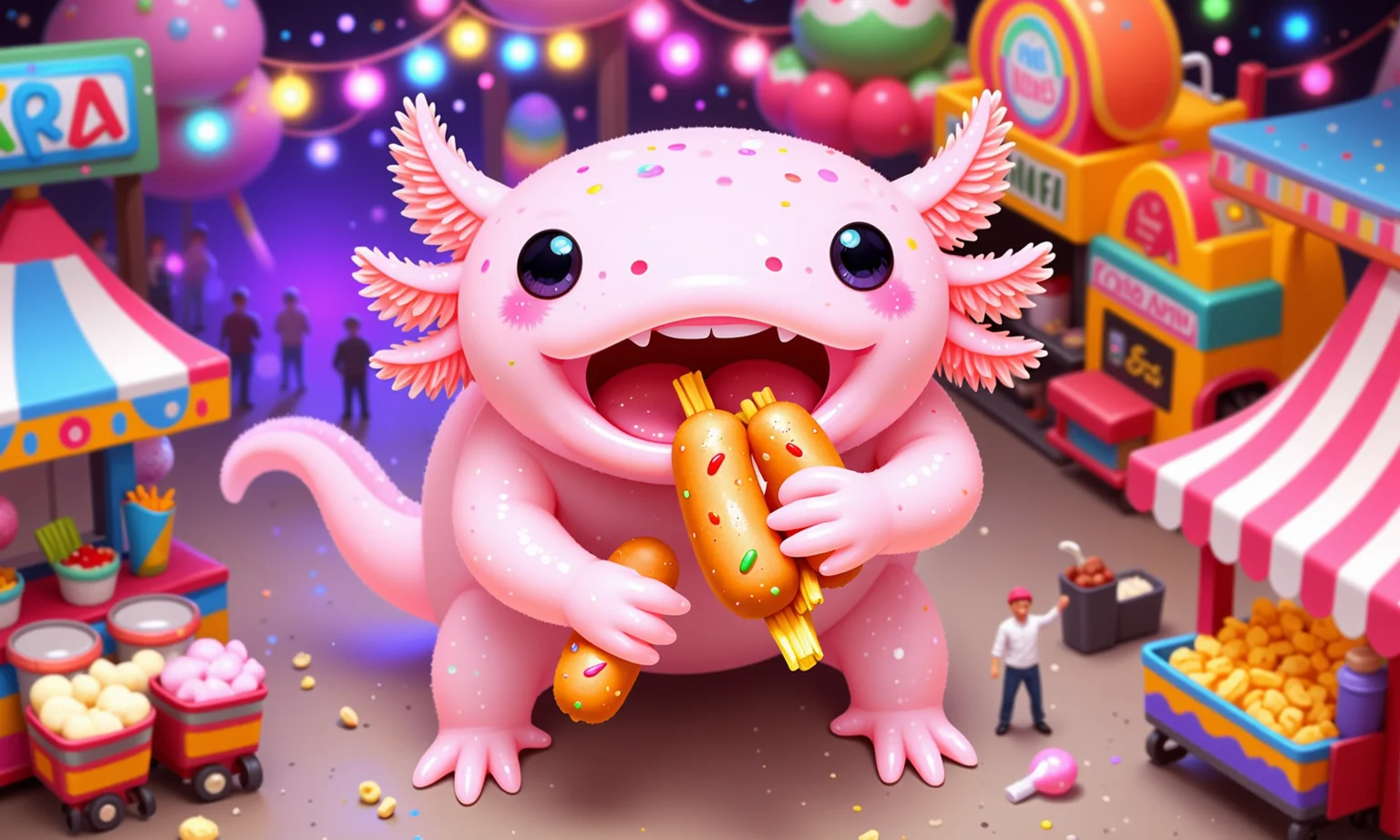 pikaole, axolotl, high-angle shot of a pink axolotl in a miniature food festival setting, holding a small corndog and a mini basket of fries, with its round black eyes gleaming with excitement; its frilly gills flutter as it takes a bite, surrounded by tiny booths selling treats like cotton candy and popcorn; bright festival lights and colorful banners decorate the background, with a tilt-shift effect creating a lively, vibrant fairground atmosphere in perfect miniature detail, happy axolotls<lora:Axomodel_Flux_V1.1.safetensors:0.85:0.85> <lora:Pikaole v2 (FLUX)_v2_E6.safetensors:0.75:0.75>
