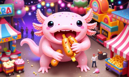 pikaole, axolotl, high-angle shot of a pink axolotl in a miniature food festival setting, holding a small corndog and a mini basket of fries, with its round black eyes gleaming with excitement; its frilly gills flutter as it takes a bite, surrounded by tiny booths selling treats like cotton candy and popcorn; bright festival lights and colorful banners decorate the background, with a tilt-shift effect creating a lively, vibrant fairground atmosphere in perfect miniature detail, happy axolotls<lora:Axomodel_Flux_V1.1.safetensors:0.85:0.85> <lora:Pikaole v2 (FLUX)_v2_E6.safetensors:0.75:0.75>