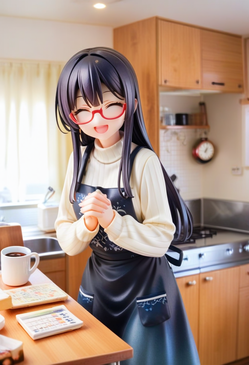 score_9, score_8_up, score_7_up, rating_safe, masterpiece, best quality, absurdres, unity 8k wallpaper, official art, official style, source_anime, uncensored, game cg, megami magazine,
1girl, solo, glasses, black hair, long hair, white ribbed sweater, black apron,  happy, smile, looking at viewer, closed eyes, open mouth, own hands together,
JPkitchen, calendar (object), chair, indoors, scenery, window, sink, wooden table, lamp, kitchen, curtains, cabinet, clock, cofee mug, coffee, 
<lora:JP_kitchen_PONY_V1:1>