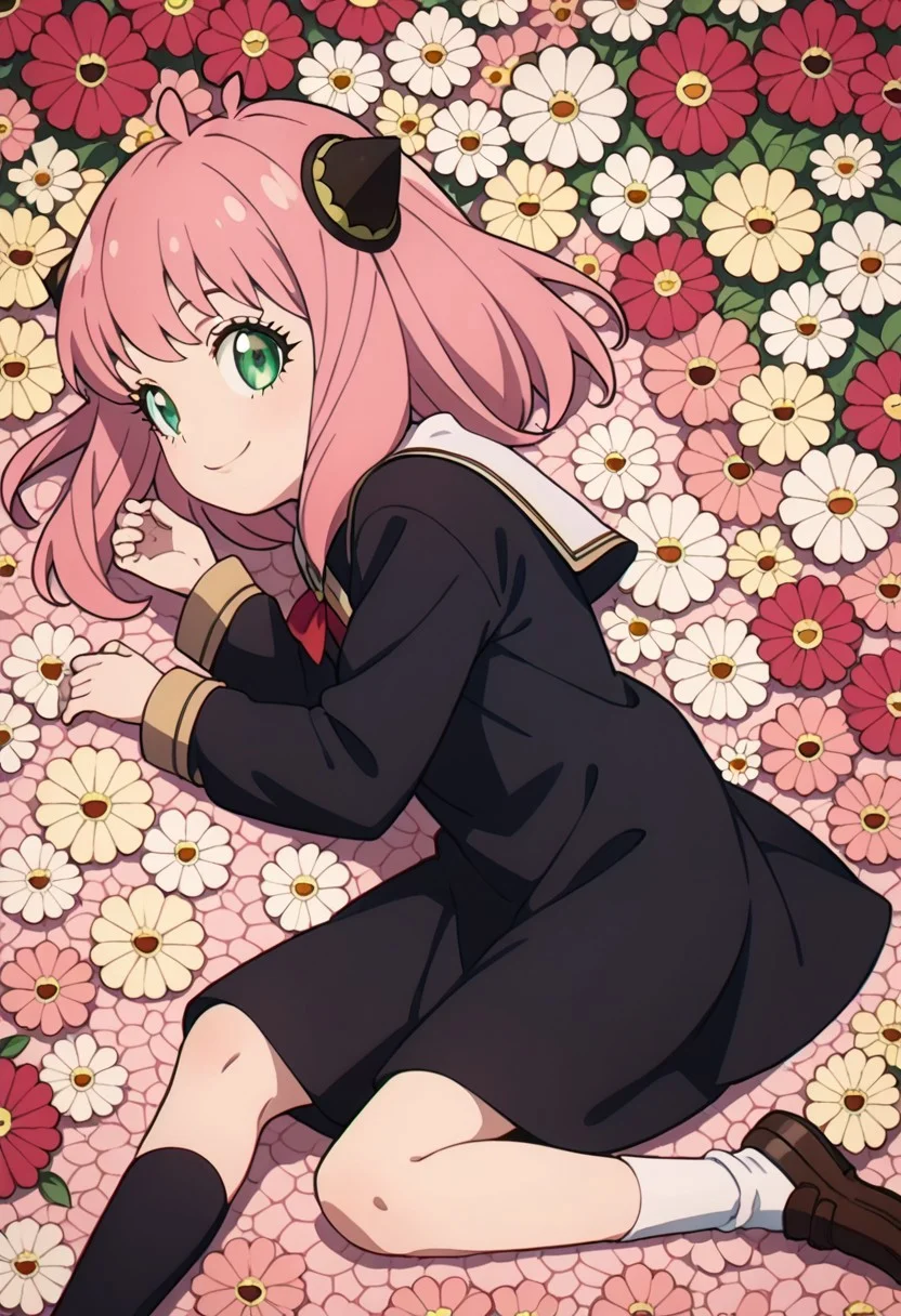 score_9,
score_8_up,
score_7_up,
score_6_up,
1girl,
solo,
anya_(spy_x_family) ,
anya forger, bangs, green eyes, pink hair, ahoge, hair ornament, hairpods, child, female child,
long sleeves, dress, school uniform, socks, black dress, eden academy school uniform,
light smile,
from side,
lying,
sleeping,
multicolor,
flat color,
no lineart,
flower,
flower background,